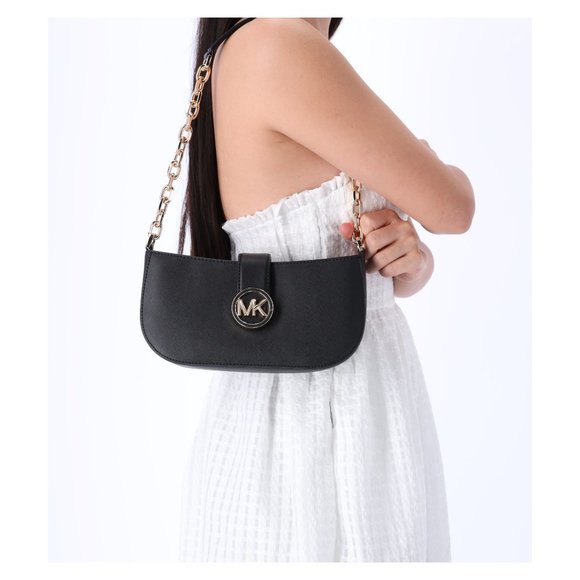 Michael Kors Carmen Small Leather Pouchette Shoulder Bag Black Saffiano Leather - Picture 1 of 8